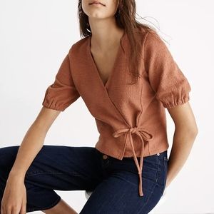 Madewell Texture & Thread Puff-Sleeve Faux Wrap Top Rust Orange Size XS